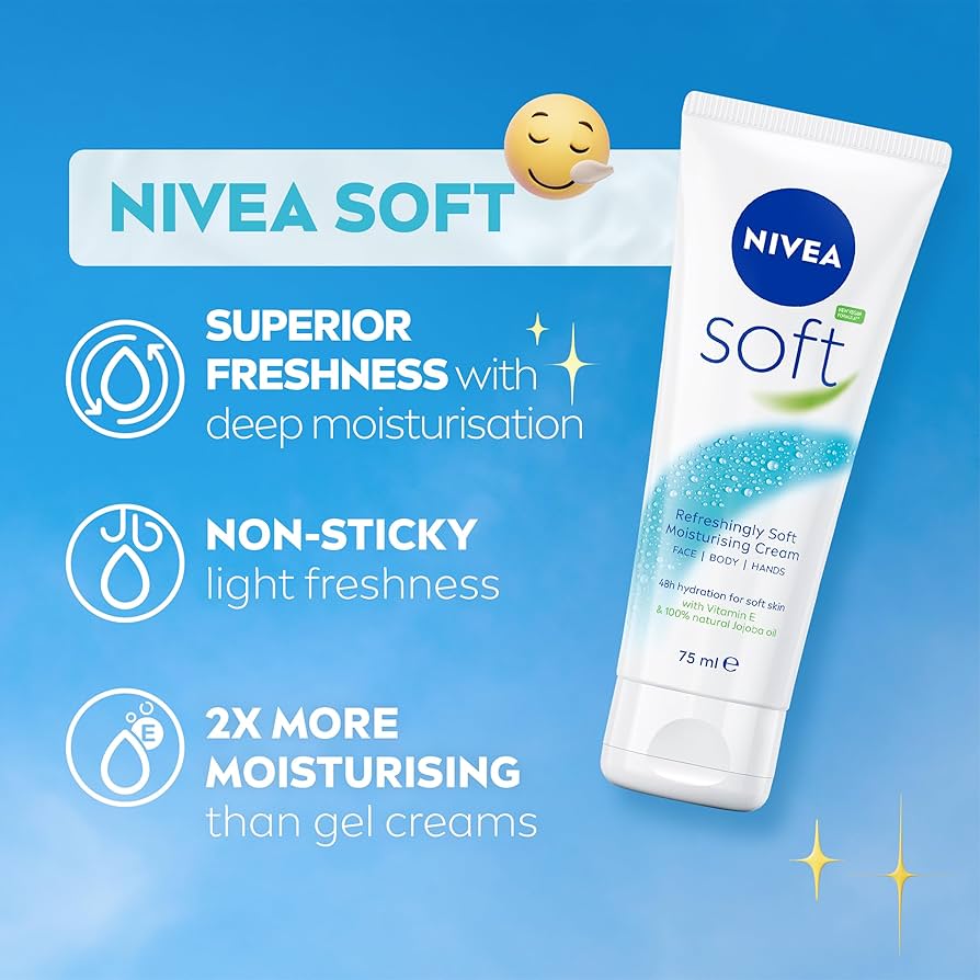Nivea Soft Moisturising Cream (75ml), 48H Moisturising Cream for Face, Body and Hands-75ml