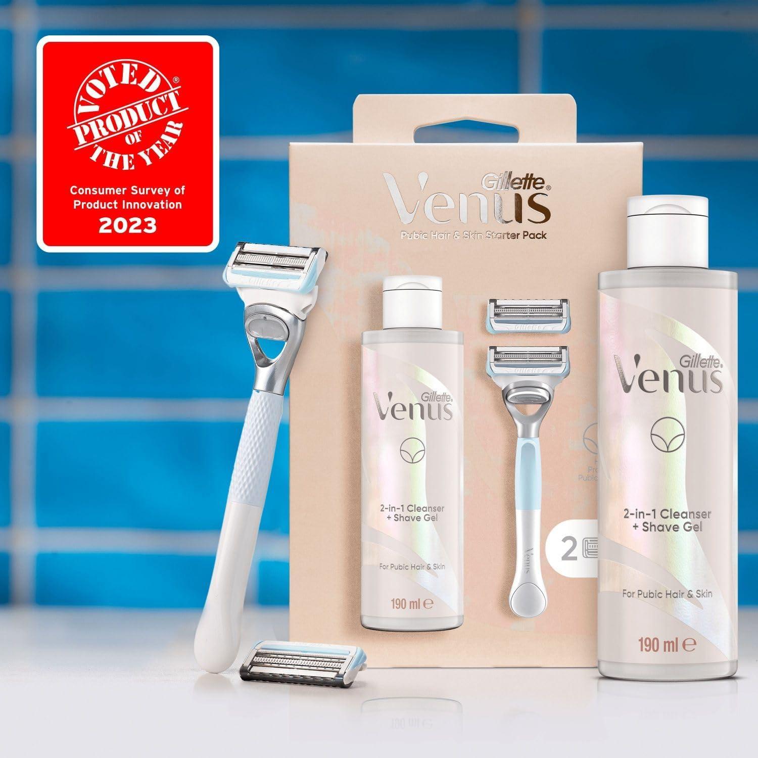 Gillette Venus For Pubic Hair & Skin Women's Razor, 2 Blade Refills and 2in1 Shave Gel and Cleanser