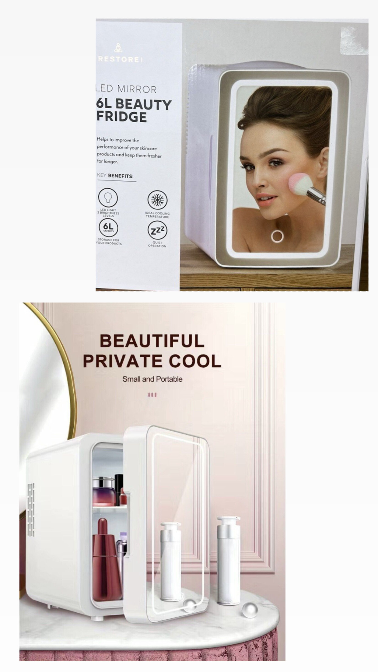 Irestorei-6L Mini Skincare Fridge LED Mirror Table 